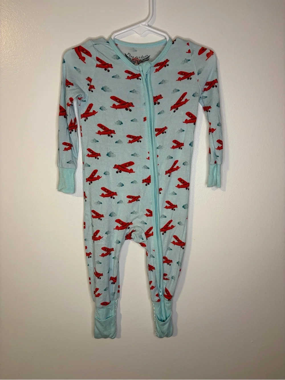 Light Blue Airplane Footed One-Piece Pajama - Red Plane Print